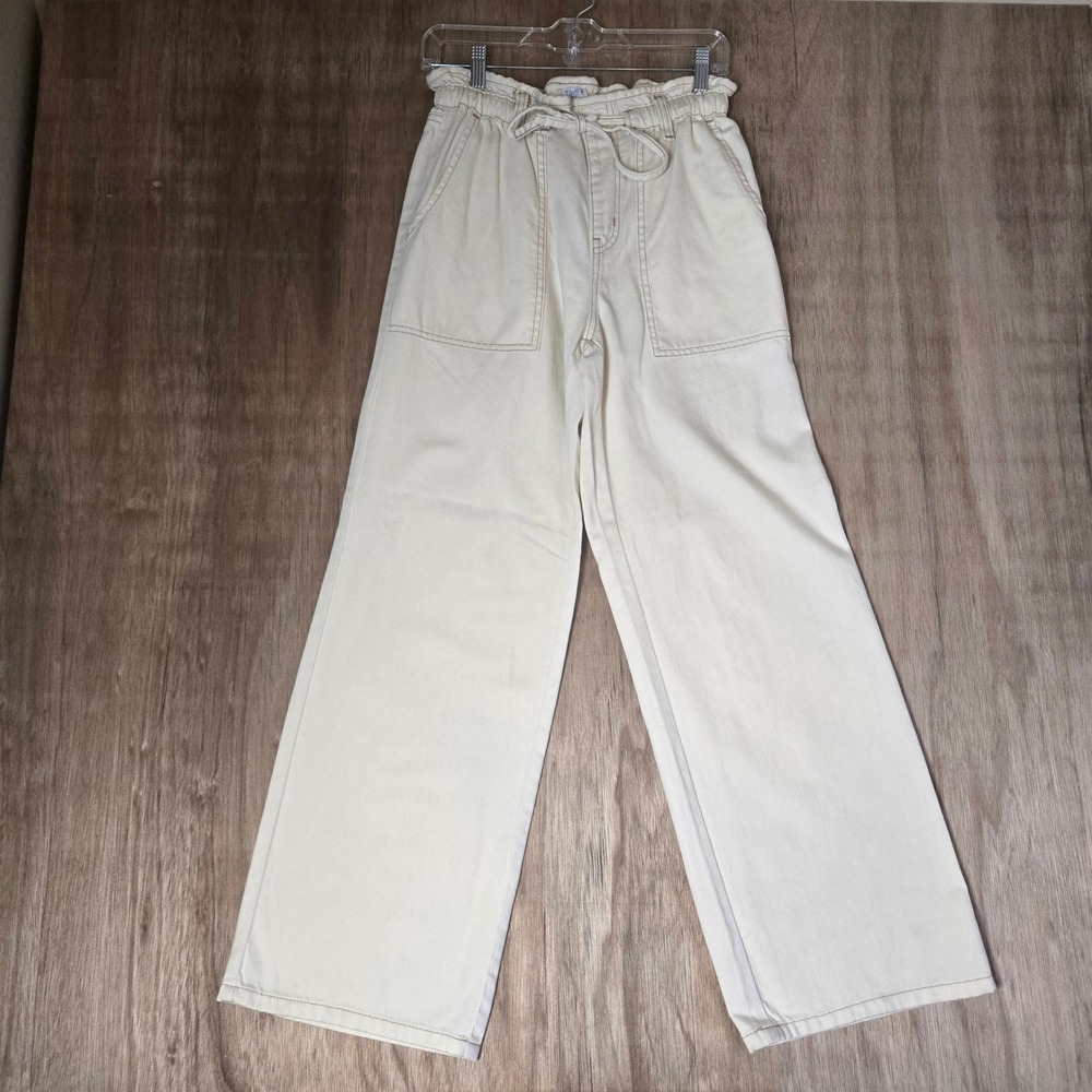 Paperbag Waist Wide Leg Denim Pants Size Small 4-6 Oatmal Big Pockets Drawstring